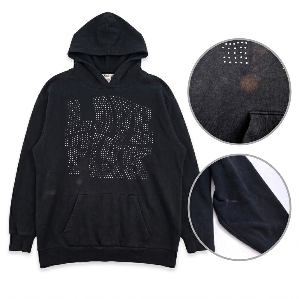 Victoria Secret PINK‎ Hoodie Womens M Black Rhinestone Thrashed Y2K Grunge